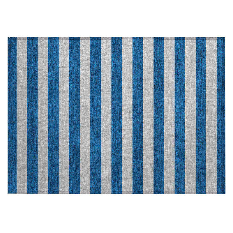2' X 3' Blue and Ivory Striped Washable Non Skid Indoor Outdoor Area Rug