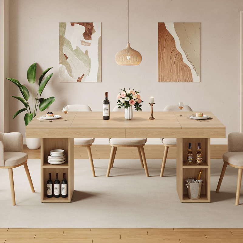 63"/71" Rectangular Dining Table with Storage, Large Wooden Kitchen Table for 6, Oak, 29.7" H x 70.8" L x 27.5" W