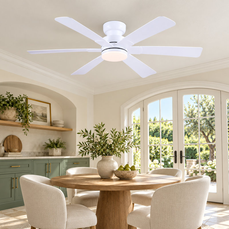 52" 5-Blade Flush Mount Ceiling Fans With Lights And Remote/App, 52" Wide, White