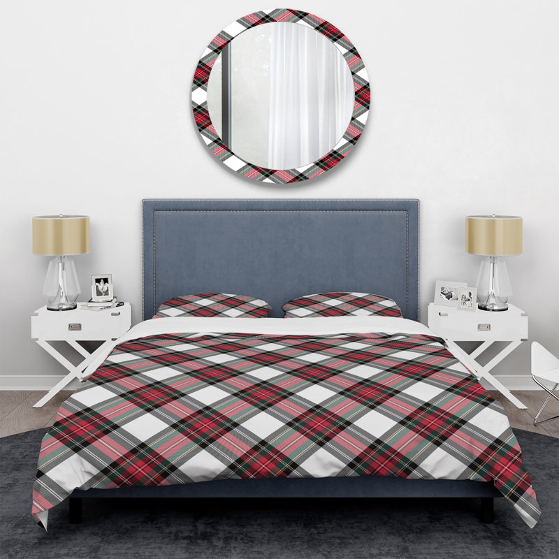 Tartan à carreaux blanc et rouge - Ensemble de housse de couette abstrait - Microfibre de polyester, Rouge / blanc