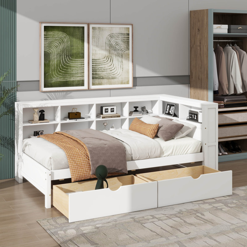 Twin-Size Wooden Daybed With 2 Drawers, A Storage Rack, And USB Charging Ports, White