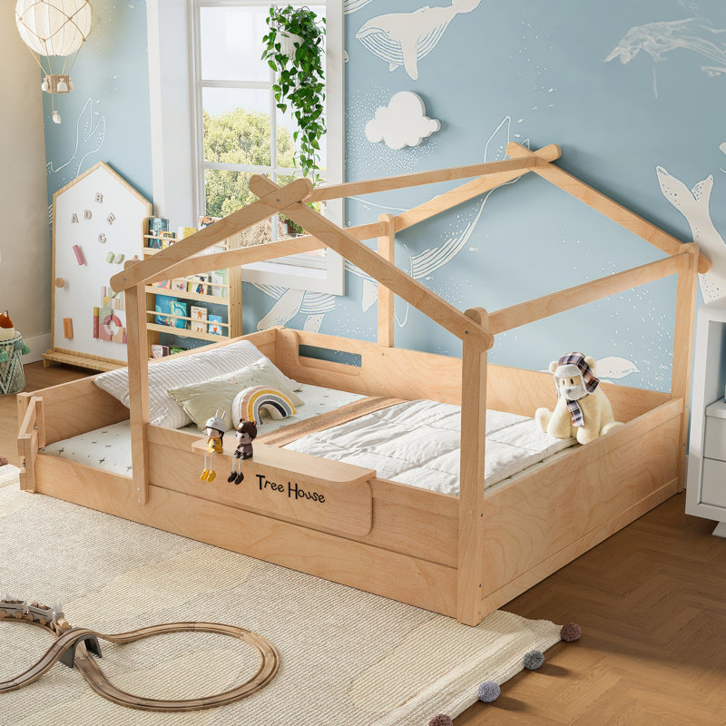 Akin House-Shaped Wooden Floor Bed with Guardrails & Built-in Tray, Light White, Full
