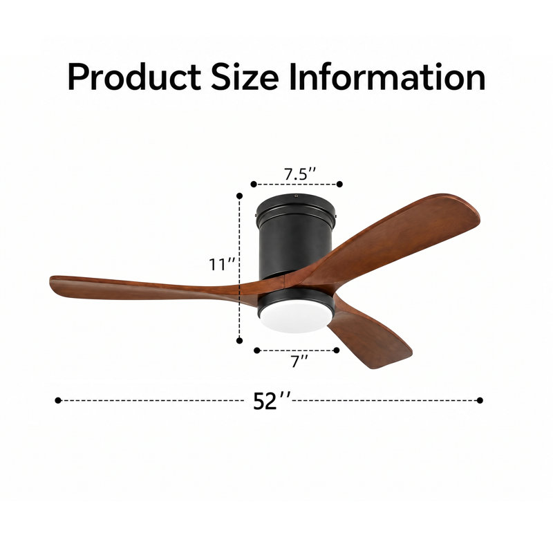 Smart Low Profile Ceiling Fan with Dimmable LED Light, Remote Control and Solid Wood Blades, 52"