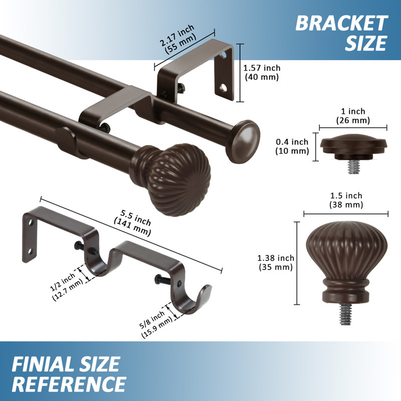 Tringle à rideaux double ajustable Sigmund, H 0,625 po x l 48 po x P 0,625 po, Bronze