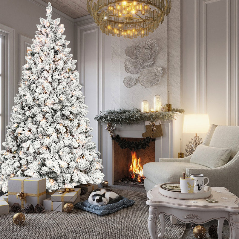 Arbre de Noël floqué de 6 pi avec 350 lumières Ul, 35 pin véritable, pointes enneigées, conception à charnières pour une installation rapide, support en métal robuste - Décoration de Noël naturelle, structure 888, assemblage simple, stable