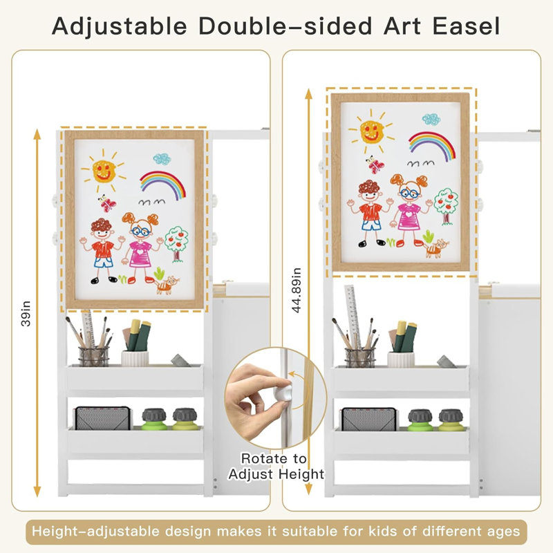 3-in-1 Kids Art Table And Chair Set With Double-sided Adjustable Easel, Storage Shelves, Paper Roll, Chalkboard And Whiteboard For Drawing, Craft, And Learning
