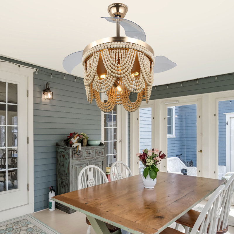 Dayzhane 42in. Boho Retractable Ceiling Fan with Light, 6-Speed Farmhouse Ceiling Fan for Living Room, Gold