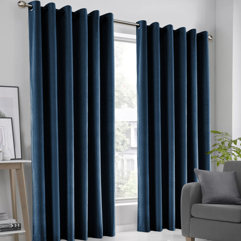 Karelyn Velvet Sheer Eyelet Curtain, 167.64cm Width x 137.16cm Drop, Navy