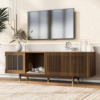Mid-Century Modern Style 2 IN 1 Cat Furniture 74" Walnut TV STAND With Sliding Flip-Down Glass Door, Cat House Litter Box With Sisal Scratcher Board