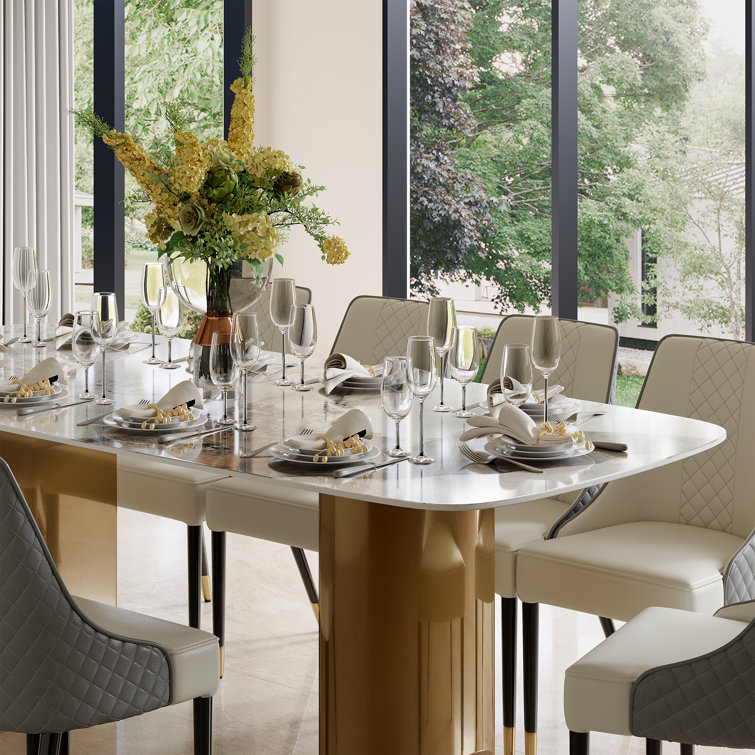Dashona White Rectangular Sintered Stone Dining Table with Double Pedestals