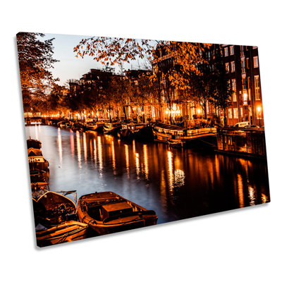 Amsterdam City Canal Night - Wrapped Canvas Art Prints