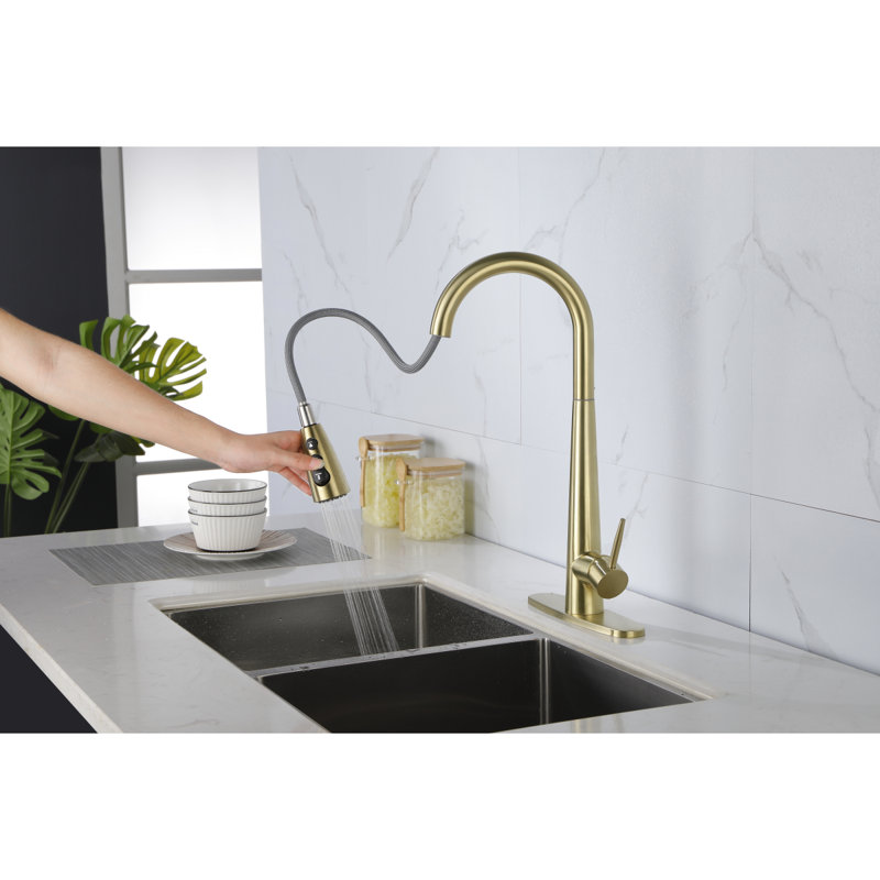 Kitchen Faucet With Pull Down Sprayer , High Arc Single Handle Kitchen Sink Faucet With Deck Plate, Commercial Modern Stainless Steel Kitchen Faucets