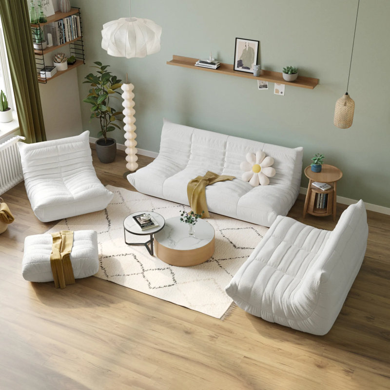 Chaise longue moelleuse en velours 3 places avec motif sculptural capitonné, Beige