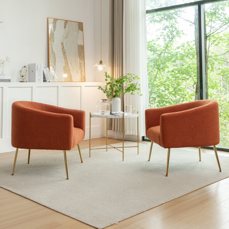 Fauteuil demi-tonneau Jameila, Fausse fourrure orange, Doré, 2
