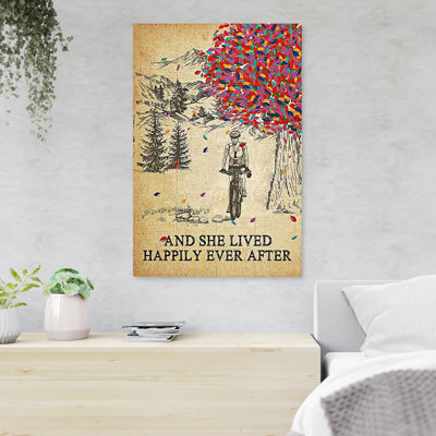 Man Cycling With A Mountain View - And She Lived Happily Ever After - 1 Piece Rectangle Graphic Art Print On Wrapped Canvas