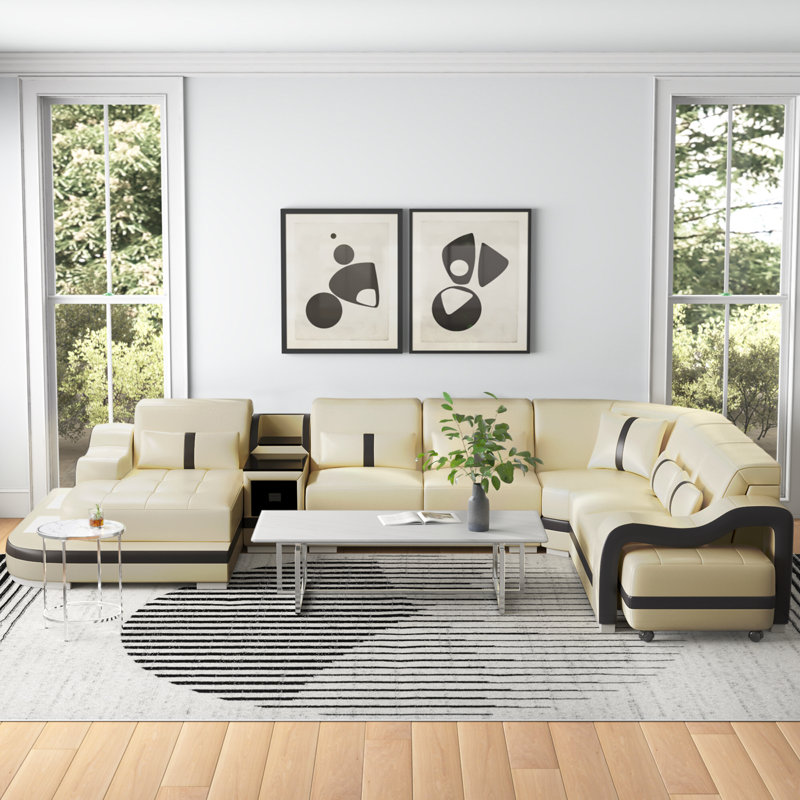 Canapé modulaire en cuir avec repose-pieds Arunvir Aphra, Accoudoir à gauche (vu de face), Similicuir beige