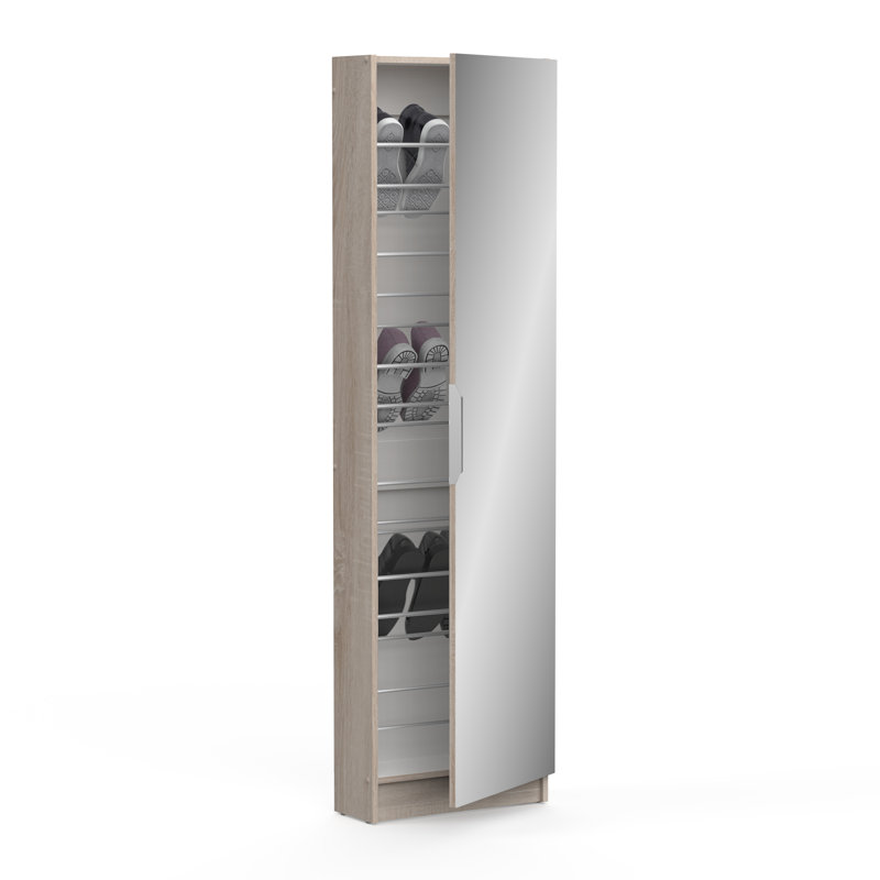 Cardale Freestanding 50cm Tall Mirrored Shoe Cabinet, Brushed Oak