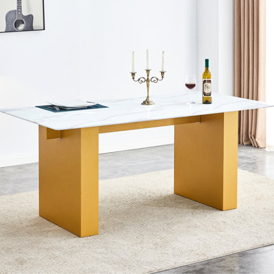 Table moderne moderne avec plateau et pieds de 0,4 po, 71 po x 35,4 po x 30 po, pour la salle à manger, la cuisine, le salon, table de cuisine rectangulaire de 4 à 8 sièges, doré, plateau, pieds