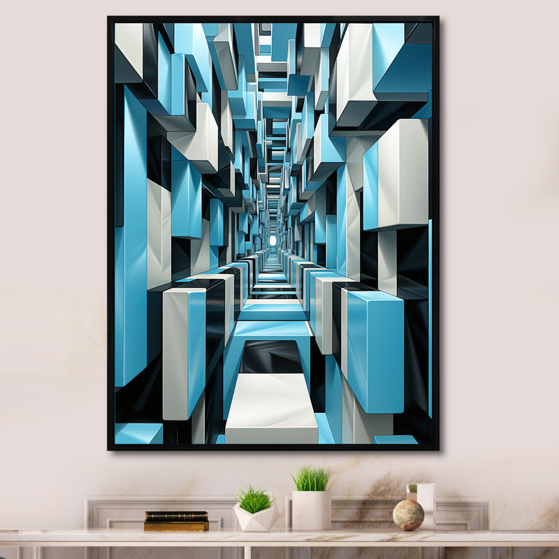 «Op Art Blue Focus VI» sur toile, Cadre flottant noir, H 40 po x l 30 po x P 1,5 po