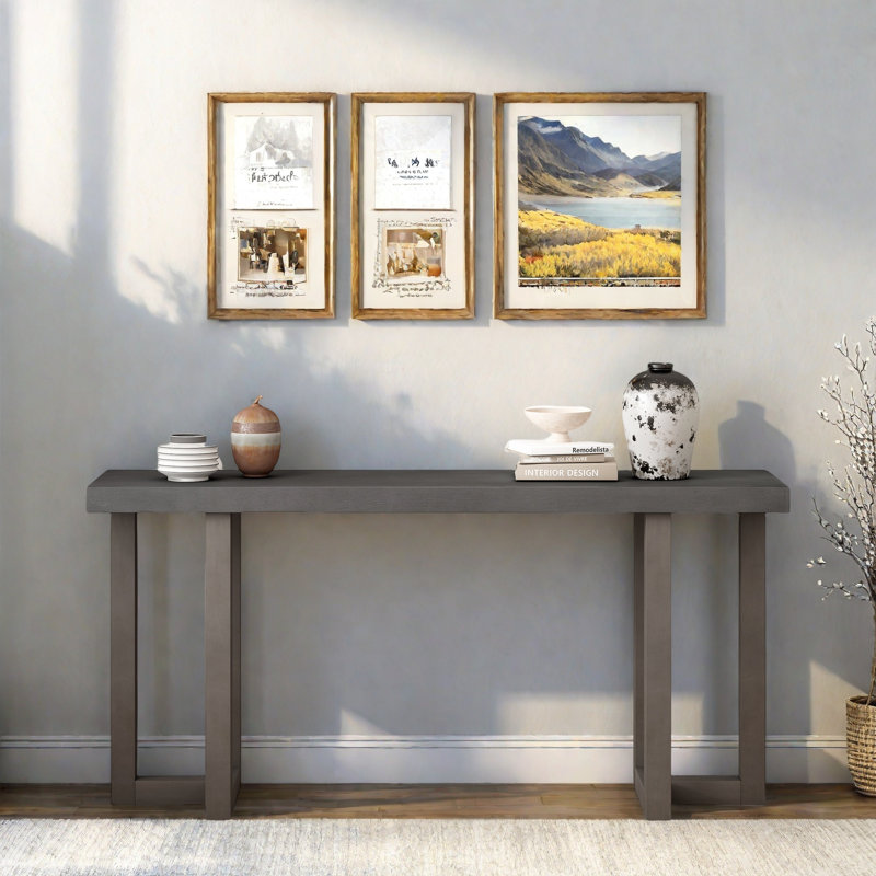Console moderne avec motif géométrique et pieds en bois, Gris