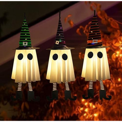 Décorations d'Halloween en plein air, ensemble de 3 fantômes suspendus avec un chapeau de sorcière brillant avec des guirlandes de lumières à piles, décoration de fantôme d'Halloween pour patio