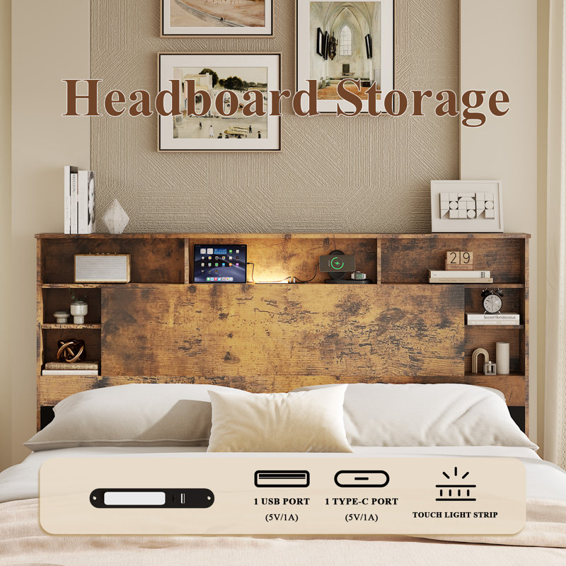 Rustic Platform Bed with LED Lights and Charging Station, Wood Bed Frame with Storage Headboard and USB Ports, Weight Capacity 800 lbs, No Box Spring Needed, Dark Brown, Queen