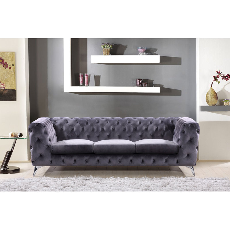 Khan 88.58" Velvet Rolled Arm Chesterfield Sofa, Gray