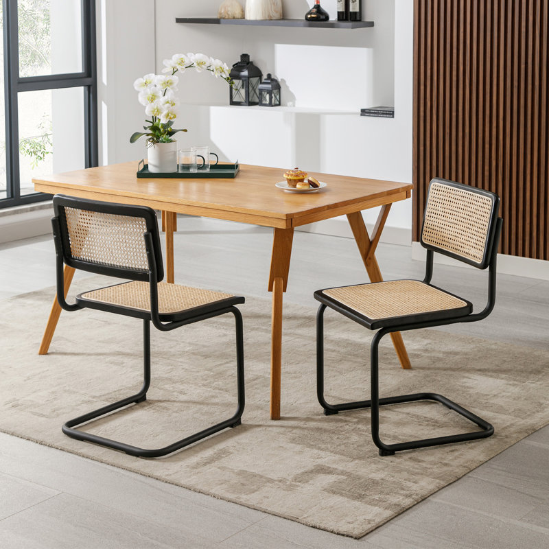 Benett Modern 46cm Natural Woven Rattan Dining Chairs with Metal Frame Small Kitchen Side Chairs, Black, 2