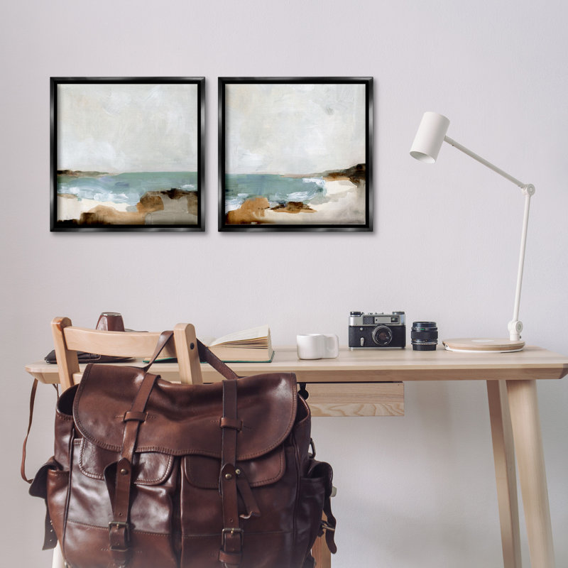 Abstract Beach Cove Landscape Cliffs 2 Piece Framed Floater Canvas Set by Victoria Barnes, Black, 18" H x 18" W