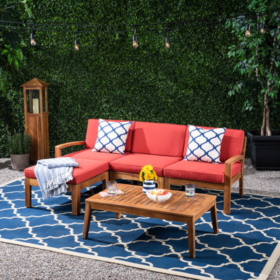 Canapé modulaire d'extérieur en L avec table basse, repose-pieds, bois d'acacia, rouge