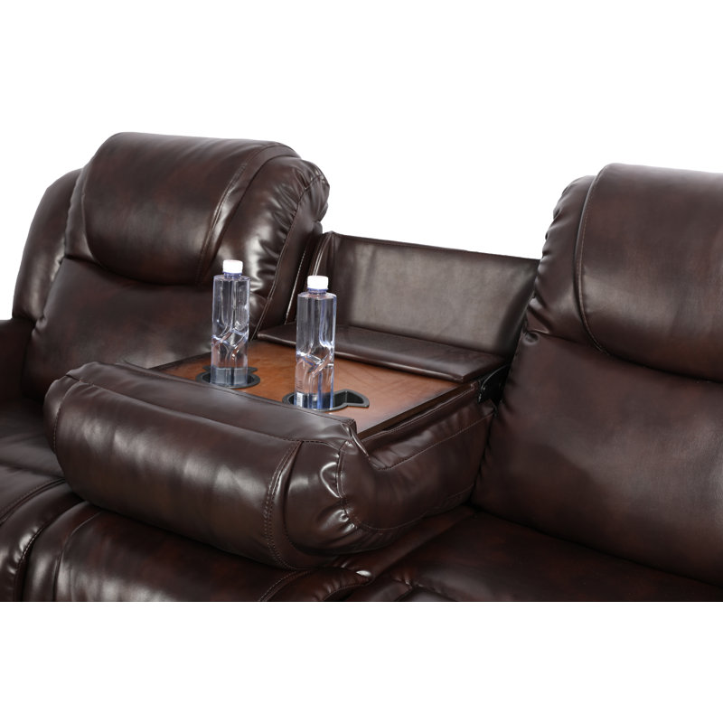 86" Premium Vegan Leather Reclining Living Room Sofa With Drop Down Table And Cup Holders, Espresso