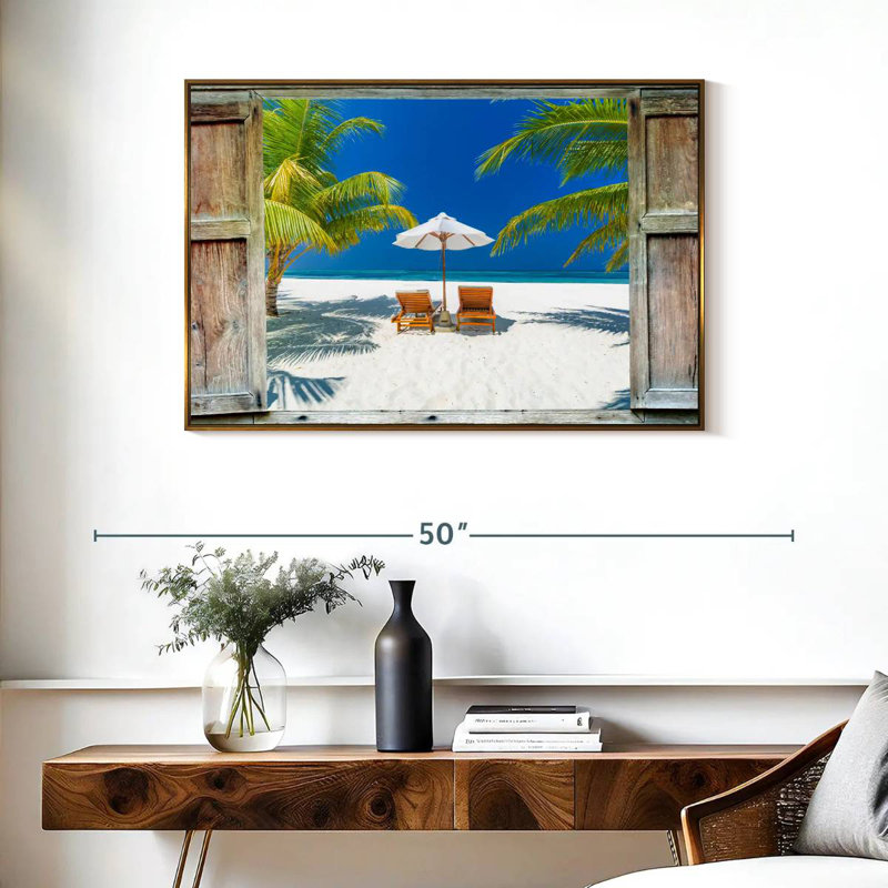 Fenêtre sur la côte des Maldives, Cadre flottant doré, 37 po x 25 po