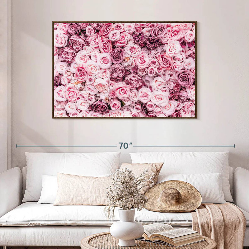 Lit de roses roses, 46 po x 31 po, Cadre flottant en noyer