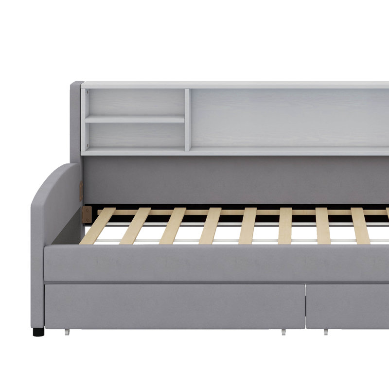 Lit plateforme simple tapissier avec tiroirs, Gris