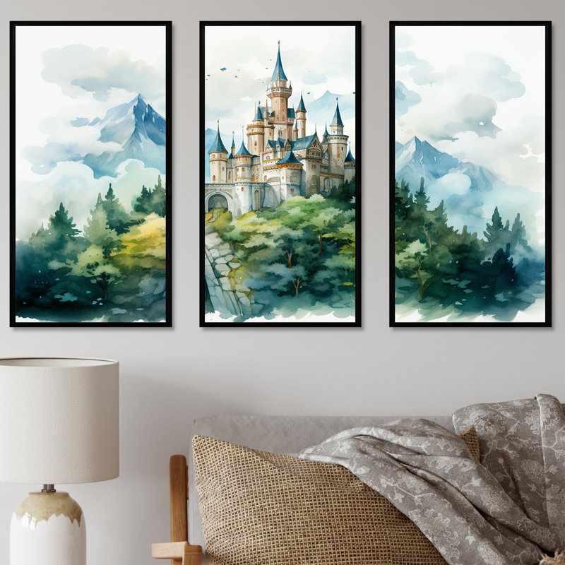 Montagnes médiévales, châteaux, art mural, H 28 po x l 36 po x P 1 po, Cadre flottant noir