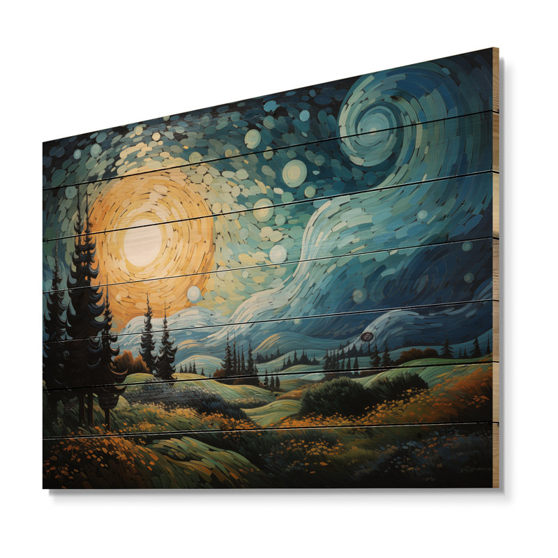 Le cyprès balançant le pointillisme, art mural Vangogh, paysage sur bois de pin naturel, H 24 po x l 32 po