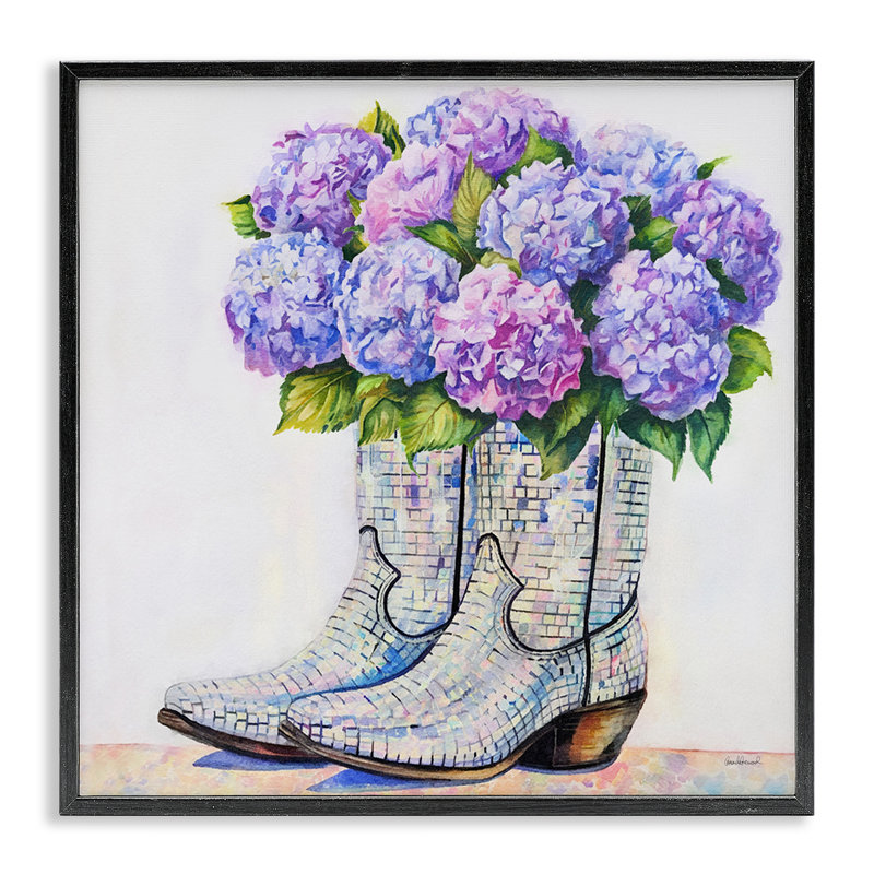 Bottes de cow-boy à motif hydrangée, giclée, conception par Amanda Greenwood, Giclée encadrée noir minuit, H 12 po x l 12 po