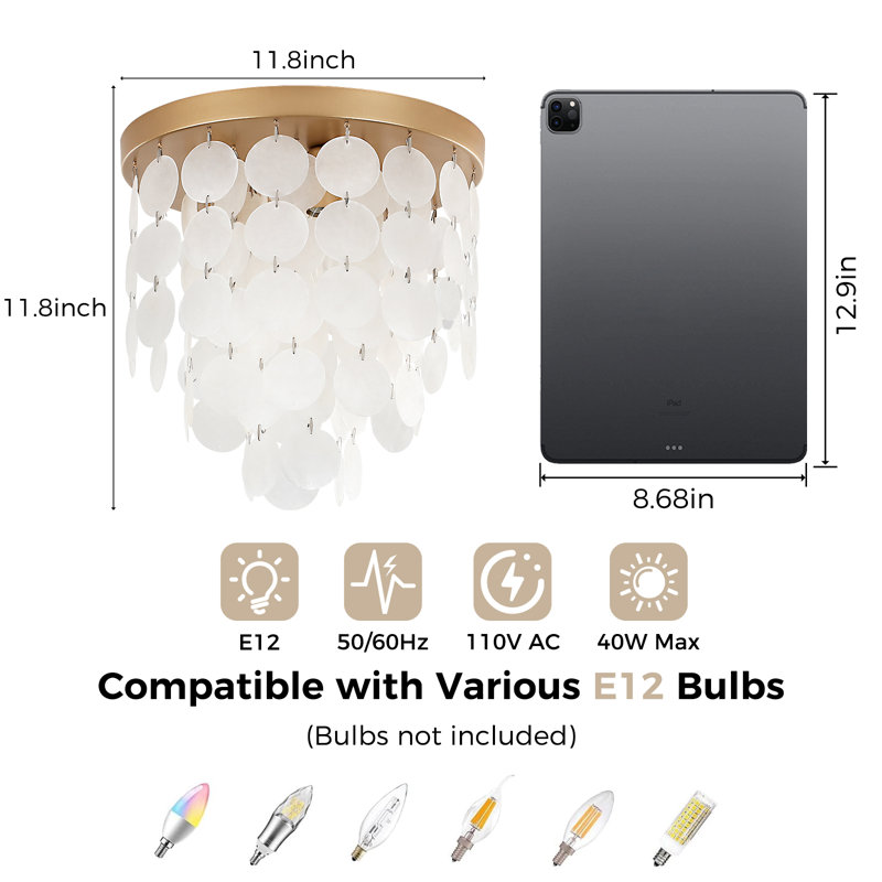 11.8" Capiz Shell Ceiling Light Fixtures, 3-Lights Gold Boho Flush Mount Ceiling Light For Bedroom, Dressing Room, Dining Room And Entryway