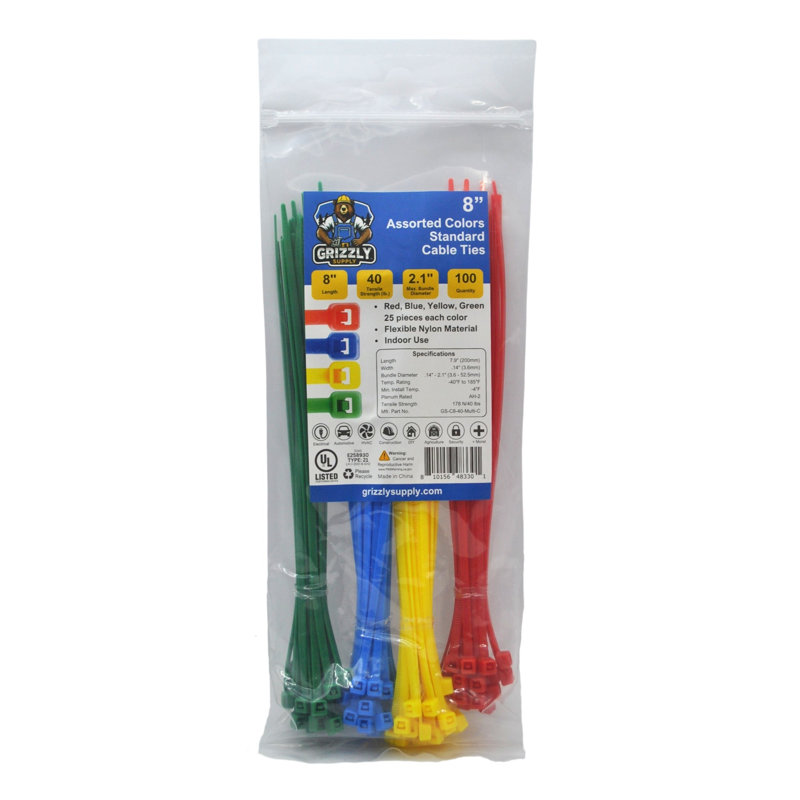 8" 40lb Intermediate Cable Tie 100/bag, Red/ Yellow/ Blue/ Green