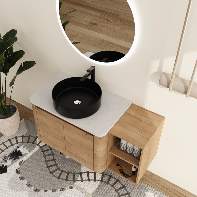 Ensemble de meuble-lavabo simple mural 42 po avec lavabo en céramique et tablettes de rangement Varnby, ensemble de meuble-lavabo simple avec plateau en pierre reconstituée