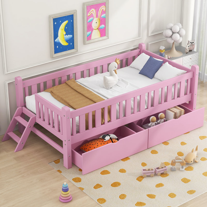 Structure de lit simple en bois avec garde-corps et 2 tiroirs de rangement, rose, Rose