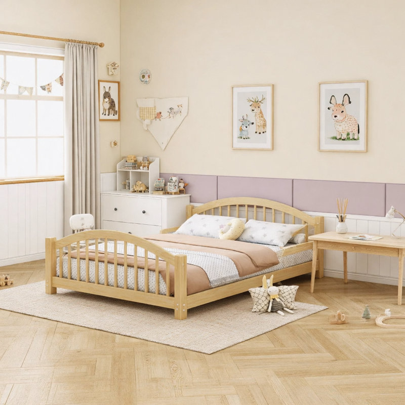 Full Montessori Platform Bed with Slats and Safety Guardrails, Solid Wood Floor Bed with Fence and Without Door, Easy Assemble Montessori Bed, Natural