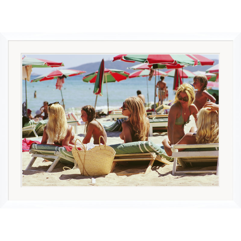 "Saint-Tropez Beach", Slim Aarons, August 1971 Print by Slim Aarons, 43.5" H x 59.5" W x 1.5" D, White Single Picture Framed