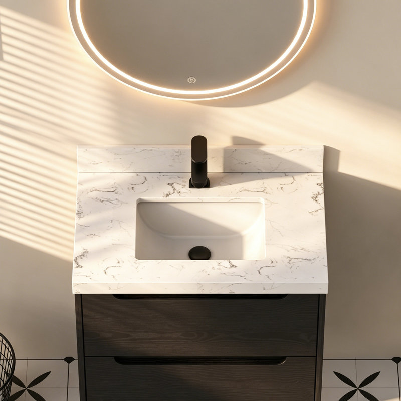 30" White Engineered Stone Vanity Top With Rectangular Ceramic Sink And 4" Backsplash