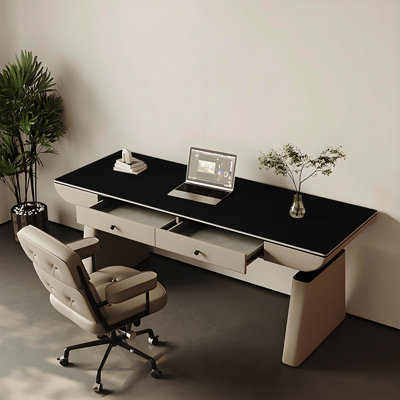 Dual-motor electric height-adjustable desk with leather accents, modern light luxury home office computer desk, available in black or gray sintered stone tabletop.