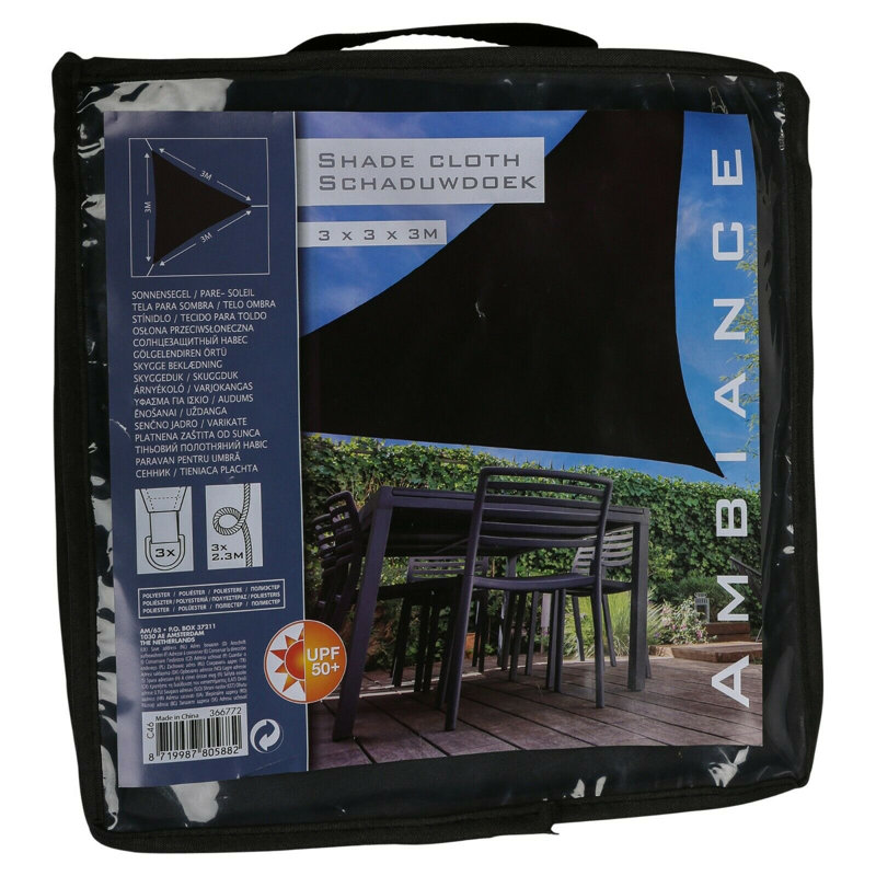 3m x 3m Triangular Shade Sail, Black