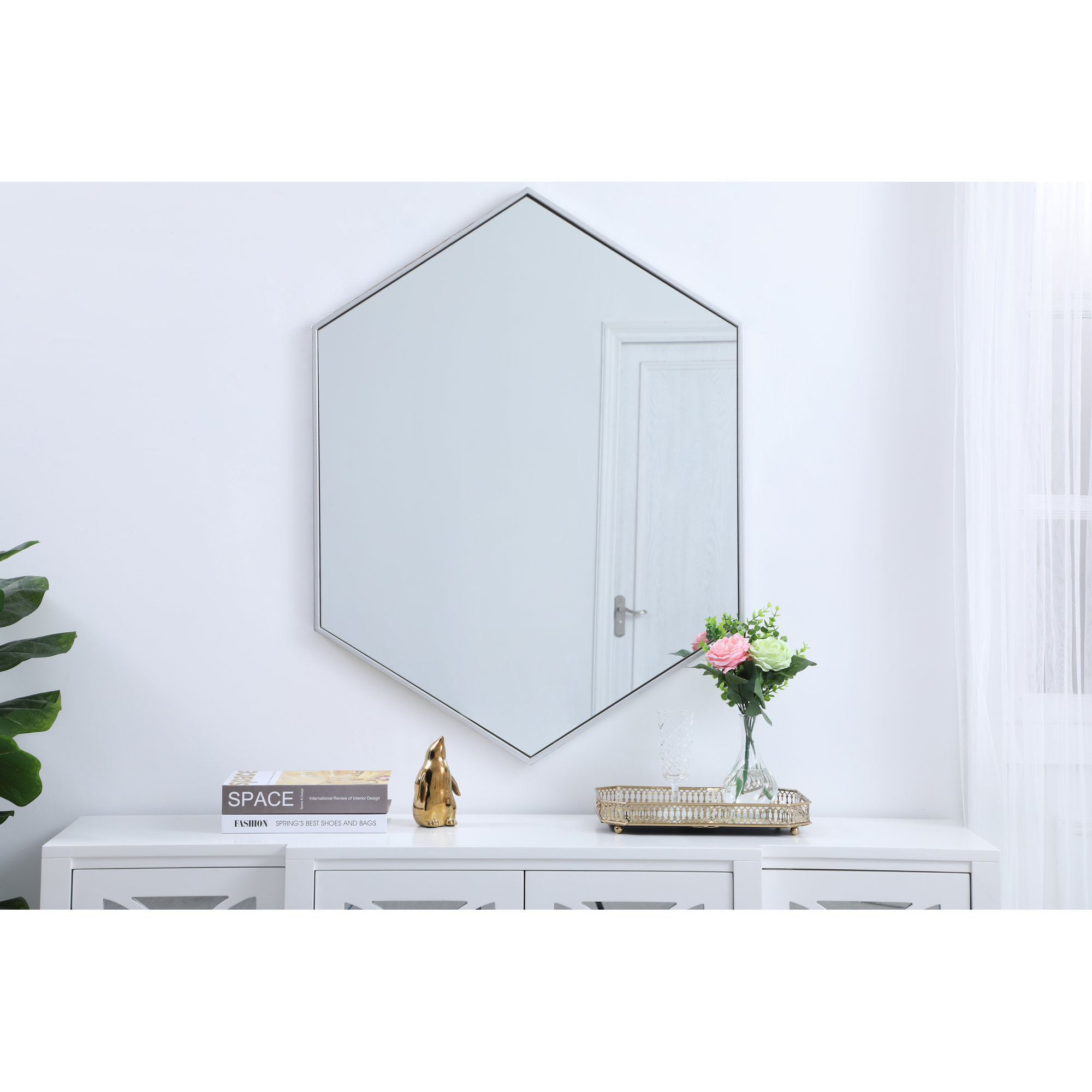 Sabine Metal Hexagon Wall Mirror, 40" H x 30" W, Silver