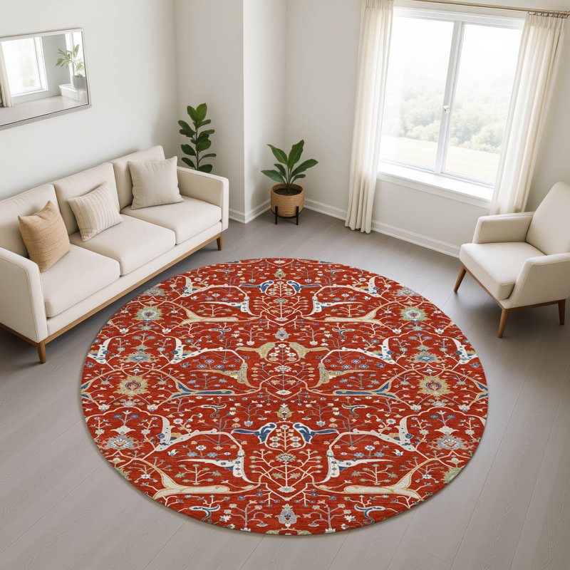 Premium Machine Washable Mayfield AMF2250 Global Rug, Red, 8' Round