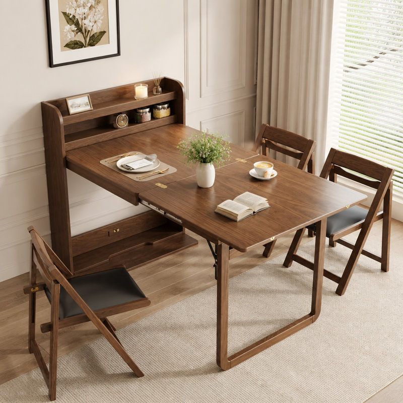 Table de salle à manger murale pliante Murphy avec étagère de rangement intégrée pour un gain de place et une grande polyvalence dans les petits appartements