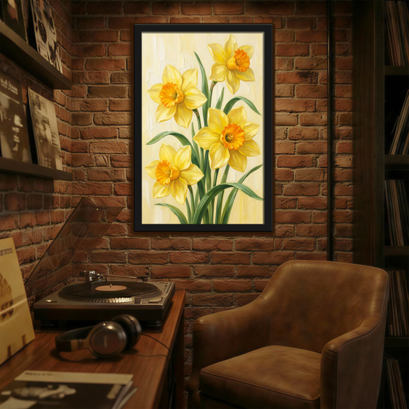 Plantes et fleurs jonquilles jaunes sur fond crème, H 24 po x l 16 po